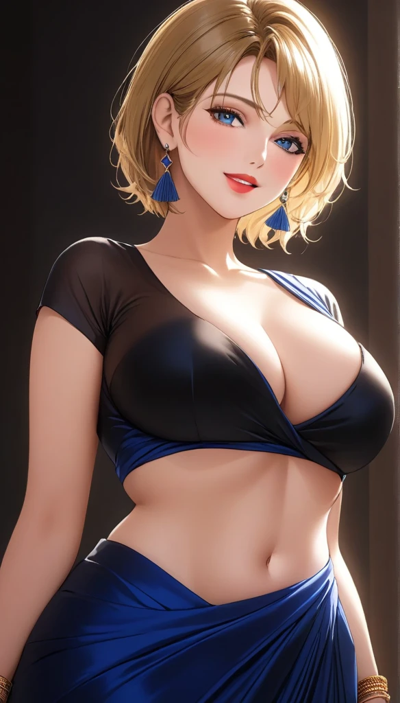 A beautiful mature woman, in a designeless plain silk black saree, exposing her ,intricate long earrings, detailed alluring blue eyes, smooth lips, smiling, red lipstick, exposed navel, bangles, blue ribbon, saggy breasts, photorealistic, 8k, high quality, masterpiece, cinematic lighting, vibrant colors, intricate details,blonde messy short hair, curvy hips,