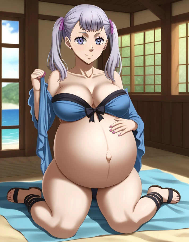 noelle_blackclover, Noelle Silva, Black Clover, long silver hair, waist-length hair, half-up half-down hairstyle, ribbon, soft waves, side-parted bangs, almond-shaped blue eyes, high-quality, ultra-detailed, beast quality, 8K resolution, anime style,
looking at viewer, smile, pregnant belly, large belly, huge belly, big Breasts, Sitting
1girl,solo, indoors, beach, happy, Smiling, rub belly,
full body, Nail polish, Sandals 