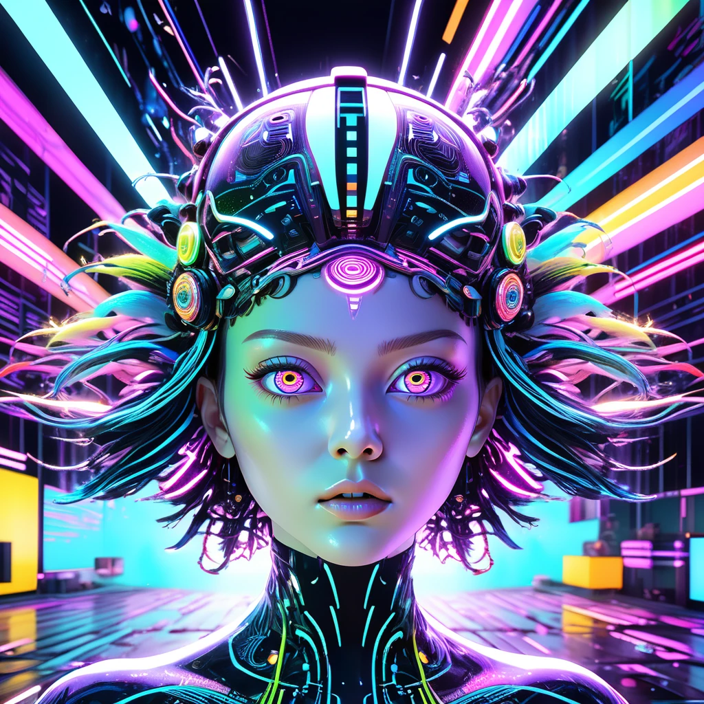 Memes, Surreal, Digital Art, EEG, Information flow, Cultural transmission, Potential awareness, abstract pattern, psychedelic, Neon color, Glitch Art, cyber punk, Cinema Lighting, Super detailed, 8k, Realistic, Volumetric, Ray Tracing, Studio Lighting, Vibrant colors, psychedelic elements, Viral content, Social Media, Cultural phenomenon