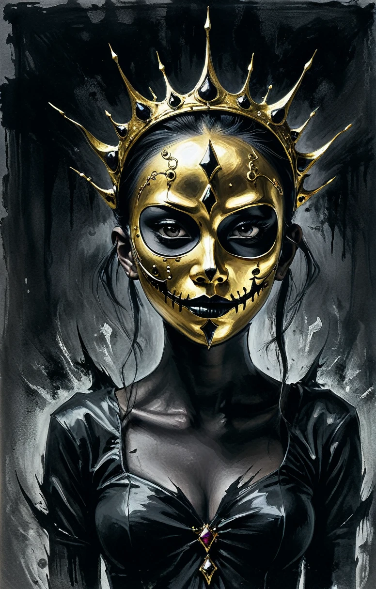 (((black charcoal sketch))),Surreal horror style by clive barker,surreal abstract art, crown on her head, gold crown, black purpple aura on her back, asian girl, Girl wearing a mask,crazed demonic realm of madness,weirdcore,depth of field,unsettling,asymmetric abnormalities,surreal masterpiece,insanely detailed,insane imagination illustrated,sharp focus,creepy,never before seen art of an evil mastermind,demented dream, with a dool on her hand, and dark effect on the background