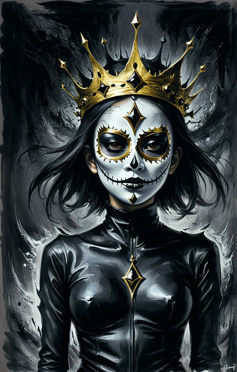 (((black charcoal sketch))),Surreal horror style by clive barker,surreal abstract art, crown on her head, gold crown, black purpple aura on her back, asian girl, Girl wearing a mask,crazed demonic realm of madness,weirdcore,depth of field,unsettling,asymmetric abnormalities,surreal masterpiece,insanely detailed,insane imagination illustrated,sharp focus,creepy,never before seen art of an evil mastermind,demented dream, with a dool on her hand, and dark effect on the background