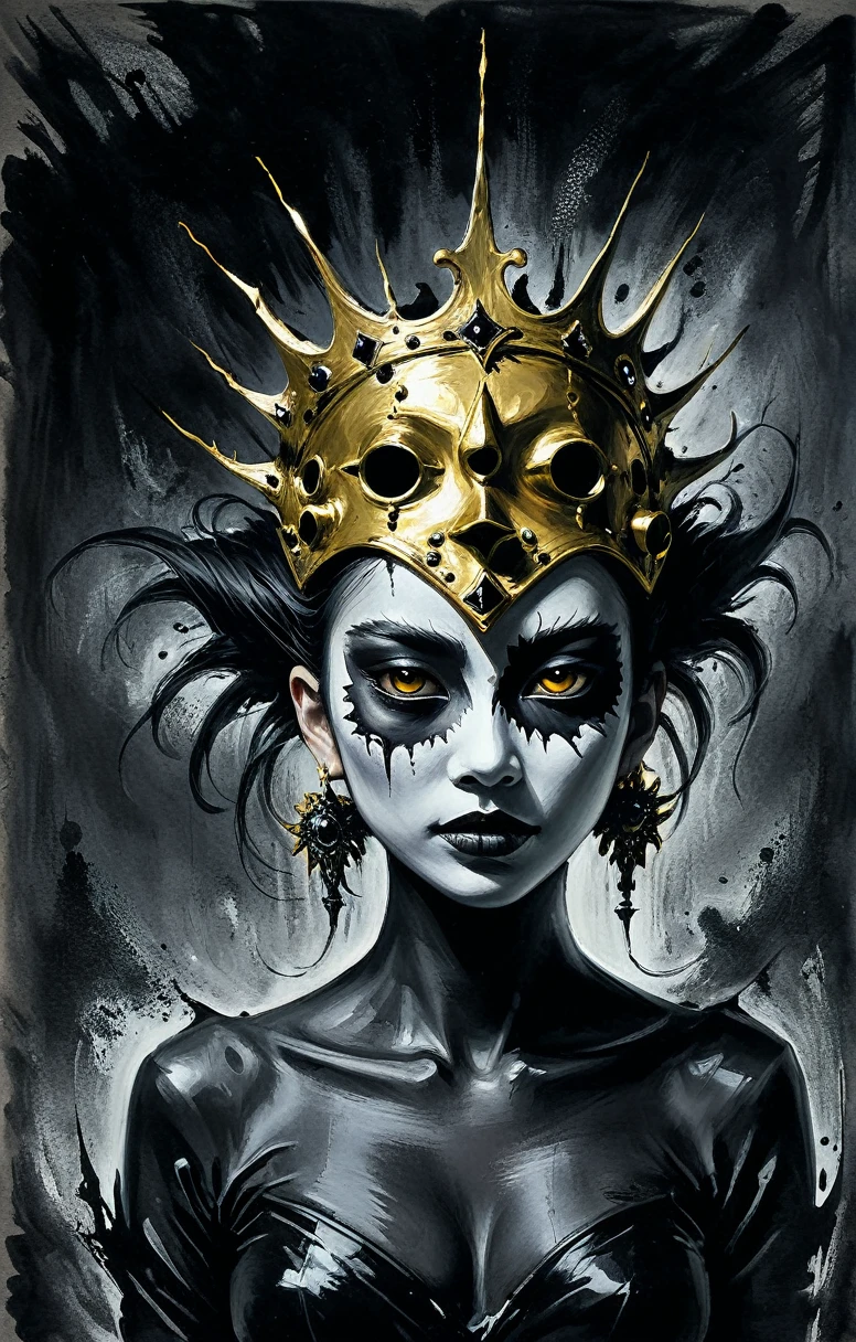 (((black charcoal sketch))),Surreal horror style by clive barker,surreal abstract art, crown on her head, gold crown, black purpple aura on her back, asian girl, Girl wearing a mask,crazed demonic realm of madness,weirdcore,depth of field,unsettling,asymmetric abnormalities,surreal masterpiece,insanely detailed,insane imagination illustrated,sharp focus,creepy,never before seen art of an evil mastermind,demented dream, with a dool on her hand, and dark effect on the background