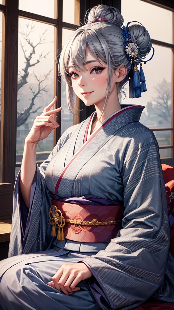 Solo, masterpiece, best quality, high resolution, closeup portrait, a female, bluish gray hair, Solo hair bun, kimono, Japanese lady, amazing composition, front view, HDR, ultra quality, elegant, highly detailed, beautiful lady, smile, cute elegant