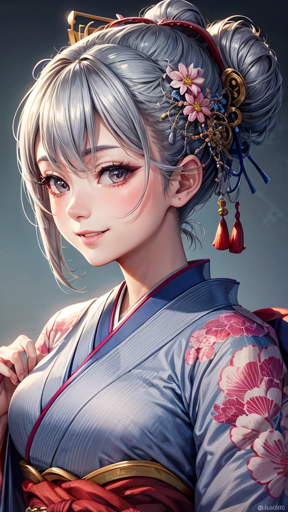 Solo, masterpiece, best quality, high resolution, closeup portrait, a female, bluish gray hair, Solo hair bun, kimono, Japanese lady, amazing composition, front view, HDR, ultra quality, elegant, highly detailed, beautiful lady, smile, cute elegant