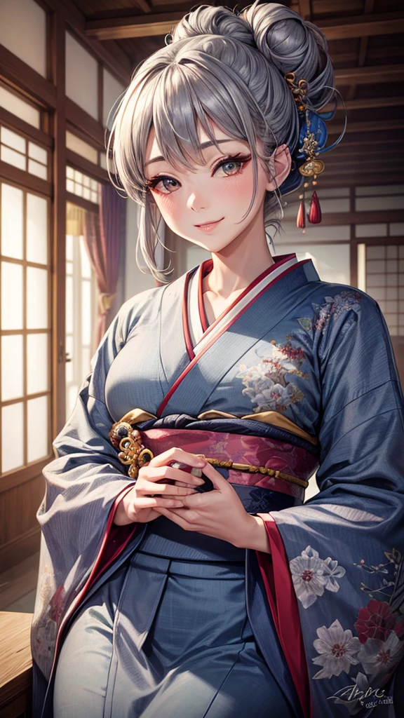 Solo, masterpiece, best quality, high resolution, closeup portrait, a female, bluish gray hair, Solo hair bun, kimono, Japanese lady, amazing composition, front view, HDR, ultra quality, elegant, highly detailed, beautiful lady, smile, cute elegant 