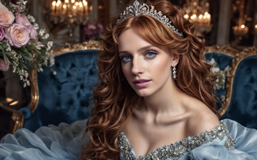 Dramatic composition, court-style dresses, royal, gorgeous, cascading frills, ruffles, bows, crystal chandeliers, Roman curly hairstyles, ponet, double ponytails like drills, look at the camera, bangs, maximalism, palatial background, delicate portrayal of hair and eyes, princess dresses, gorgeous skirts, flowers in hand, smiles, starry eyes, cinematic light, extreme detail, high definition, happy girl, very long hair, diamonds, broken diamonds, crystal fragments, light particles