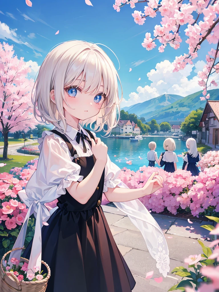 anime、About 10 men and women、About 5 to 7 years old、Cute children、Platinum blonde long and short hair kids、Eyes are blue or light brown、Eyelashes are long and black、The outfit is a long white dress、In the background is a Hungarian village、Festival of the Virgin Mary in Szentendre、The children、Hold the basket and scatter the petals inside、Pink in the air、The petals fly like a tornado、noon、Blue sky and clouds