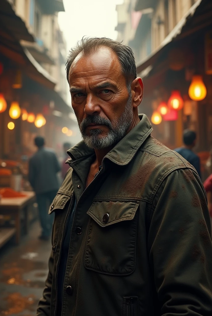 photorealistic detailed portrait of Nick Fury, dirty and disheveled, in a crowded street market in India, dirty and unhygienic conditions, flies everywhere, street food vendors, intense warm lighting, gritty urban environment, highly detailed, cinematic, (best quality,8k,highres,masterpiece:1.2),ultra-detailed,(realistic,photorealistic,photo-realistic:1.37),cinematic lighting,dramatic shadows,vivid colors,extremely detailed,professional