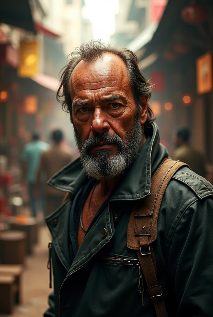 photorealistic detailed portrait of Nick Fury, dirty and disheveled, in a crowded street market in India, dirty and unhygienic conditions, flies everywhere, street food vendors, intense warm lighting, gritty urban environment, highly detailed, cinematic, (best quality,8k,highres,masterpiece:1.2),ultra-detailed,(realistic,photorealistic,photo-realistic:1.37),cinematic lighting,dramatic shadows,vivid colors,extremely detailed,professional