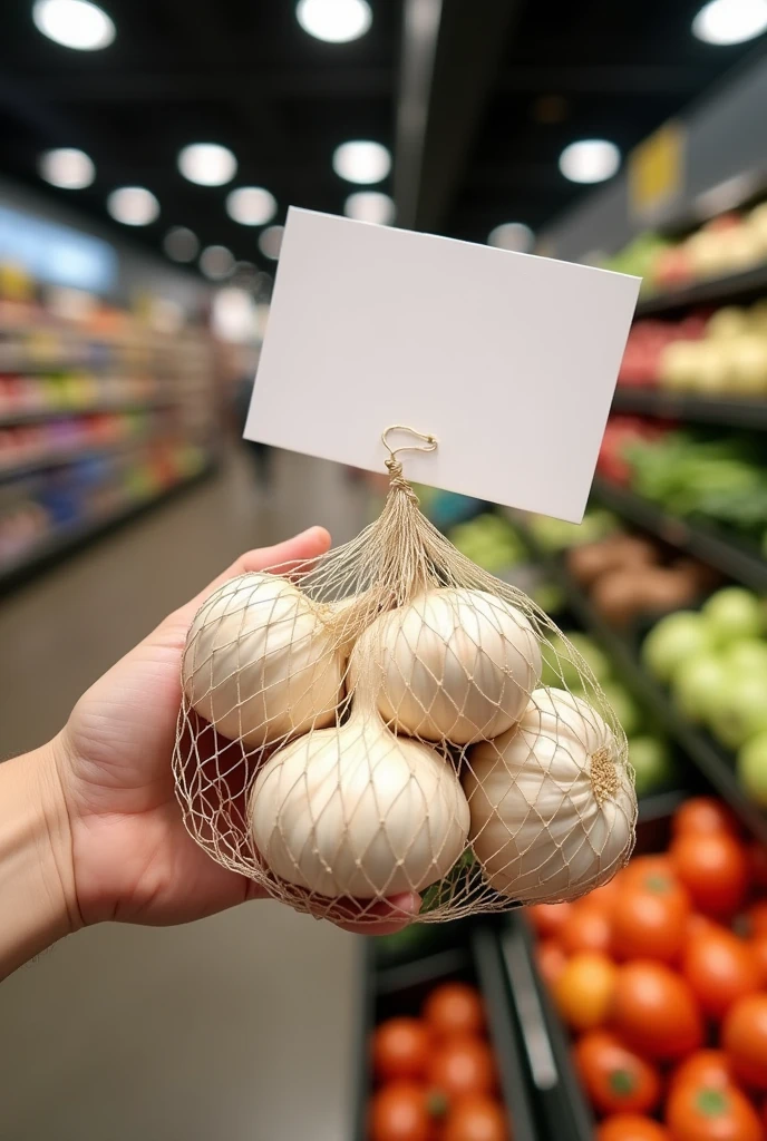 Create a net with 3 garlic cloves from the supermarket, And it contains a white label at the top of the net, And that the Network is in the vegetable section of the supermarket