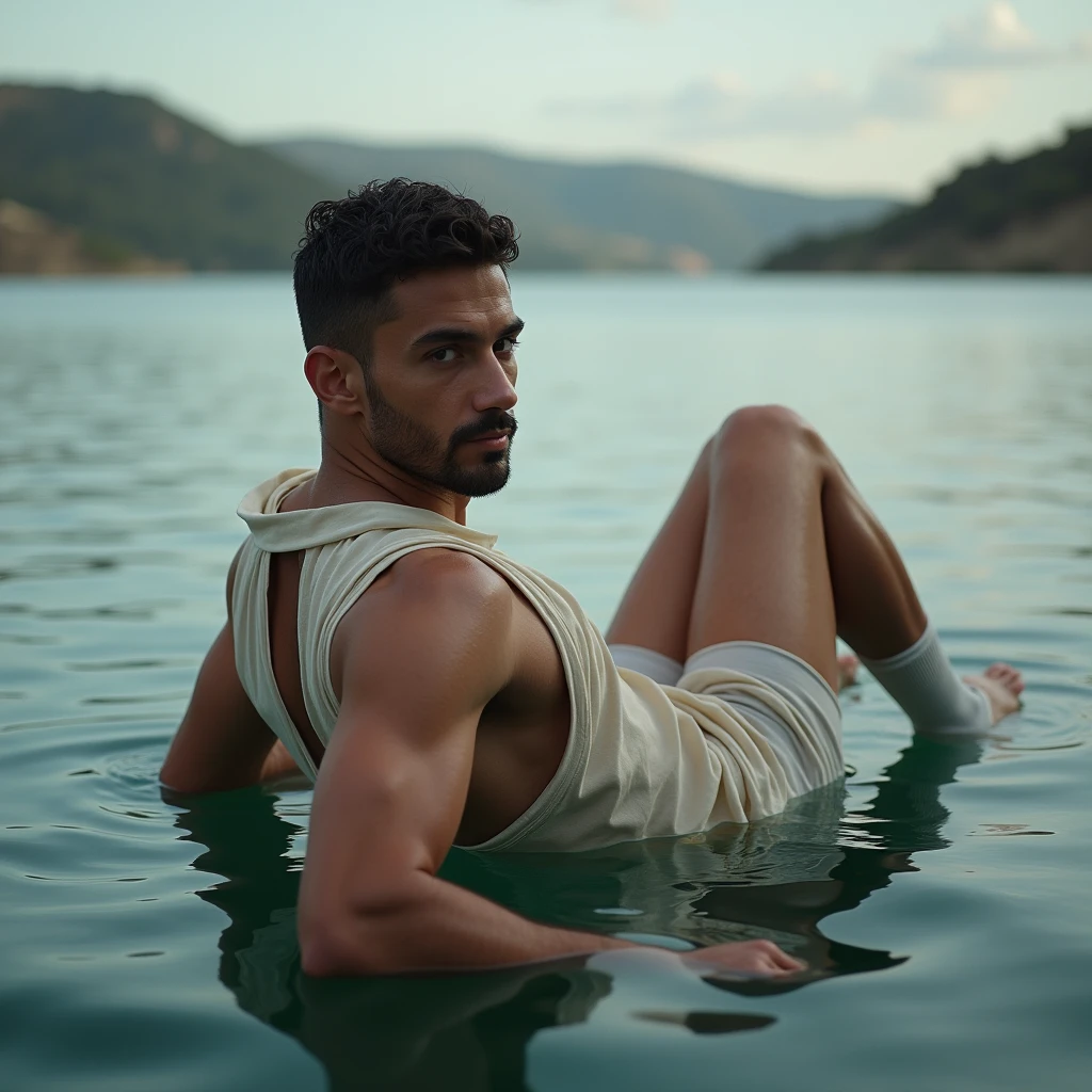 A white man, at 33 years old, model type, with short dark hair, with clear eyes, wearing arabic shirt, socks and boxers, Deitado de barriga para baixo, standing backwards, looking at the camera and showing her ass in a lake in Alentejo