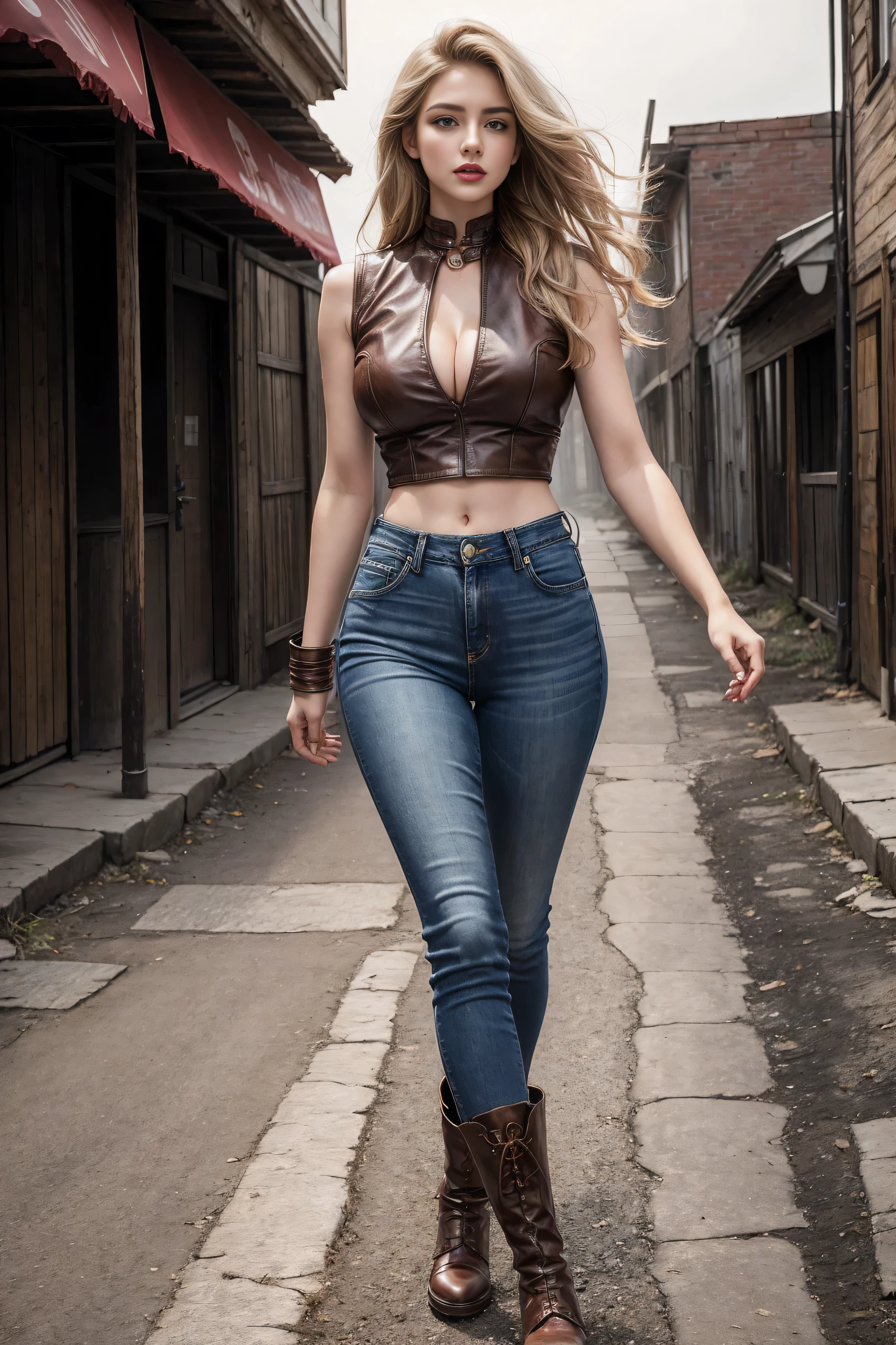 Woman in denim circa 1880s, Long curly light blonde hair, Brown eyes, High arched eyebrows, Slender and graceful neck, Red lips, Large Breasts, Brown Leather Leggings, Sleeveless Brown Leather Vest, Leather Boots, Walking on the dusty sandy streets of a deserted North American town，The wind blew through her hair, Practical, photoPractical, photoPractical, Fear, Dark atmosphere and dramatic lighting, Deep Red, Foggy environment, Detailed facial expressions, Heavy fog