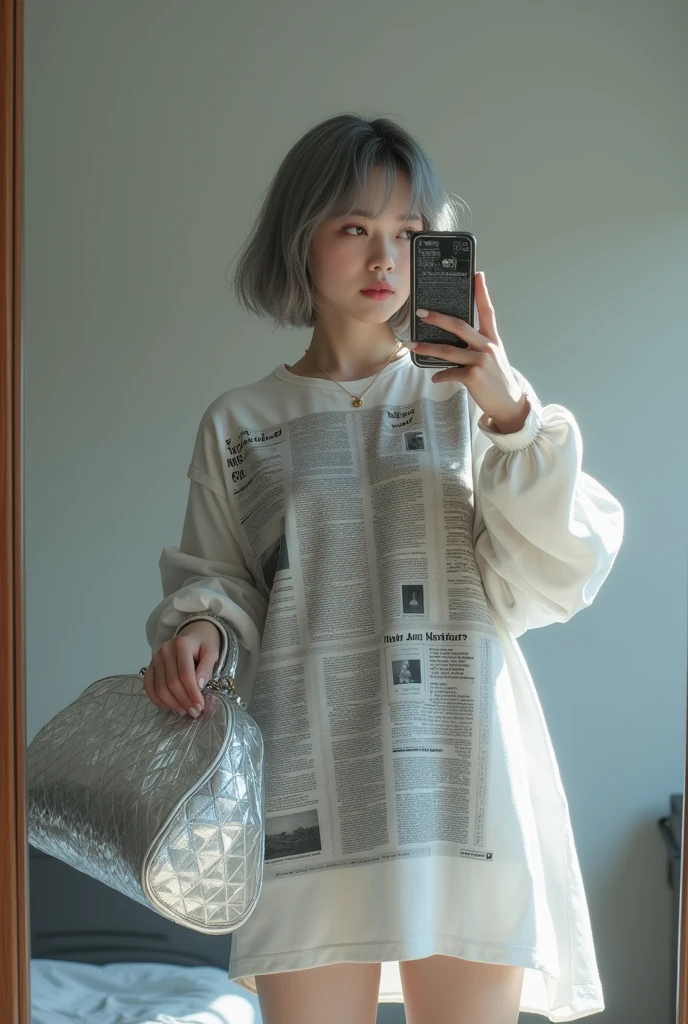 highly detailed, beautiful, hyper Realistic girl, masterpiece, best quality, Japanese sexy gravure woman, 28 years old, identity hidden, takes a selfie in her room using a smartphone in front of a mirror with one hand, fashion model Posing, looking away from the camera, /// gray short hair, light color eyes, Realistic skin, Detailed face, /// Design a futuristic fall fashion, keeping in line with minimalist aesthetics. (All News Paper Print Big Shirt). Complete the look with white ankle Sneakers that have a metallic finish and a translucent, geometric silver bag. The overall vibe should exude a sleek, forward-thinking style that seamlessly blends modern minimalism with a touch of the future, /// Monotone simple modern taste single room, mirror, complicated background,