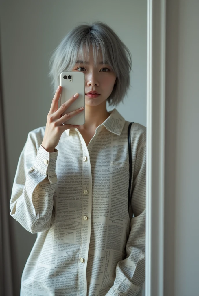highly detailed, beautiful, hyper Realistic girl, masterpiece, best quality, Japanese sexy gravure woman, 28 years old, identity hidden, takes a selfie in her room using a smartphone in front of a mirror with one hand, fashion model Posing, looking away from the camera,   ///  gray short hair, light color eyes, Realistic skin, Detailed face, /// Design a futuristic fall fashion, keeping in line with minimalist aesthetics. (All News Paper Print Big Shirt). Complete the look with white ankle Sneakers that have a metallic finish and a translucent, geometric silver bag. The overall vibe should exude a sleek, forward-thinking style that seamlessly blends modern minimalism with a touch of the future, /// Monotone simple modern taste single room, mirror, complicated background,
