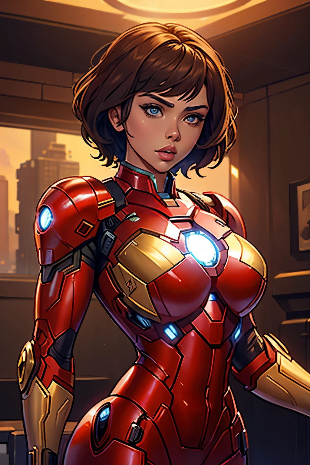 Scarlett Johansson as Riri Williams in Iron Man armor: Mark XLIX Rescue Armor, Detailed costume design