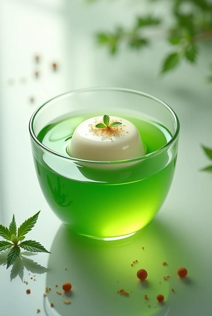 Tofu pudding in a cup with green liquid