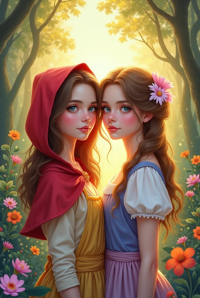 Japanese anime watercolor. close-up. Little Red Riding and Snow White walking in a bright forest. front view. Waist-up portrait. Dreamy watercolor style with gentle brushstrokes. Soft pastel colors and delicate floral patterns. Warm sunlight filtering through trees. Beautiful intricate details reminiscent. Vibrant yet muted color palette, bold brushstrokes, whimsical, fantastical, detailed environments, dreamlike quality, delicate, feminine, elegant, captivating