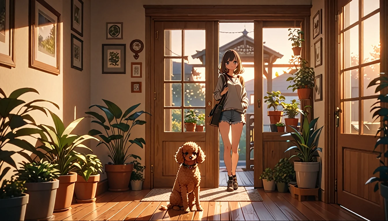 a girl entering from the front door, a toy poodle dog greeting her in the entryway, evening light, detailed face and expression, animetic, 8k, high quality, beautiful detailed eyes, beautiful detailed lips, extremely detailed face and features, intricate details, warm lighting, cozy home interior, wooden floors, potted plants, (best quality,4k,8k,highres,masterpiece:1.2),ultra-detailed,(animetic:1.37),cinematic lighting,natural colors,soft focus,detailed environment