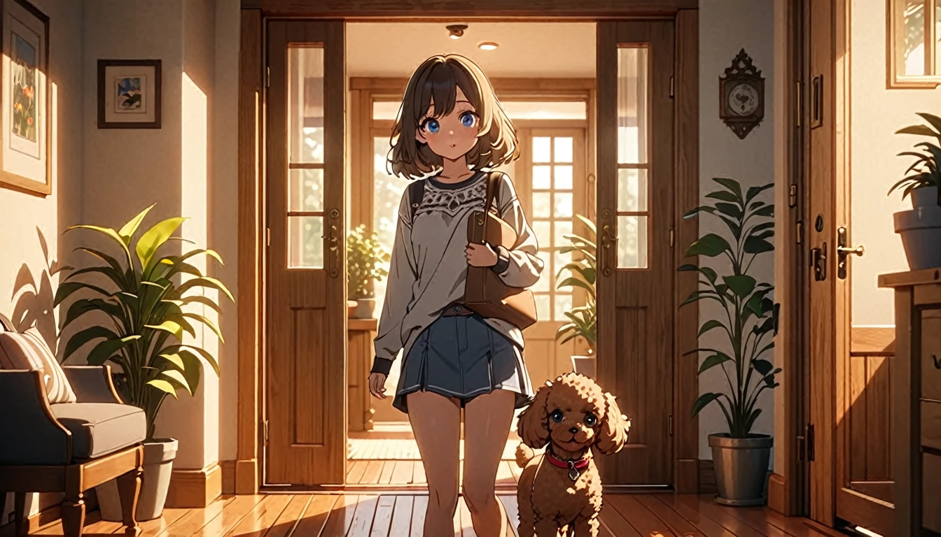 a girl entering from the front door, a toy poodle dog greeting her in the entryway, evening light, detailed face and expression, animetic, 8k, high quality, beautiful detailed eyes, beautiful detailed lips, extremely detailed face and features, intricate details, warm lighting, cozy home interior, wooden floors, potted plants, (best quality,4k,8k,highres,masterpiece:1.2),ultra-detailed,(animetic:1.37),cinematic lighting,natural colors,soft focus,detailed environment