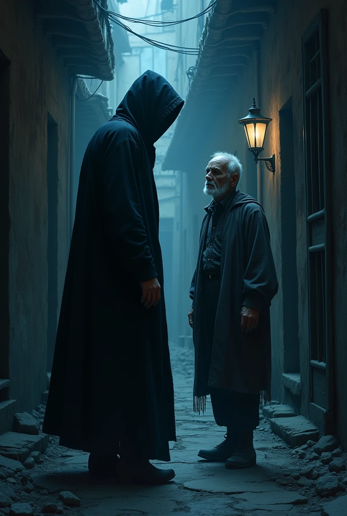 A mysterious hooded man approaches an old man in an alley with a gloomy, pale blue face. The old man has a lost look and is not afraid of the hooded man.