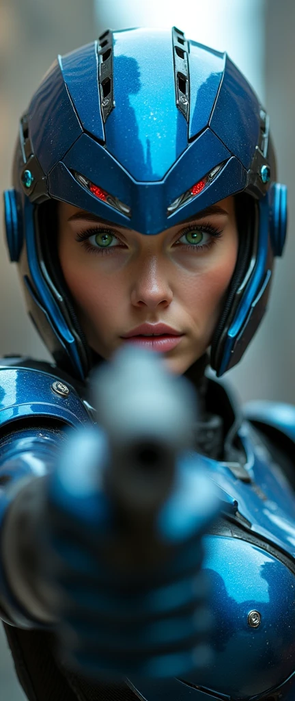 Full body view shot of a powerful warrior-woman gazing directly into the lens, her piercing green eyes seeming to bore into the viewer's soul. Her helmet and Glossy blue titanium metal power armor are adorned with intricate details and LED highlites, while her weapon - a sleek handgun or arm cannon - is poised and ready for action. The blurry background emphasizes the subject's sharp focus, as she aims her gaze and possibly her gun directly at the audience, her full lips subtly parted in a determined expression.