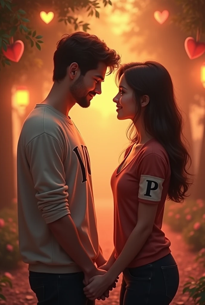 Draw a couple in love holding hands, that the man has the letter V on his shirt and the woman the letter P on her shirt
