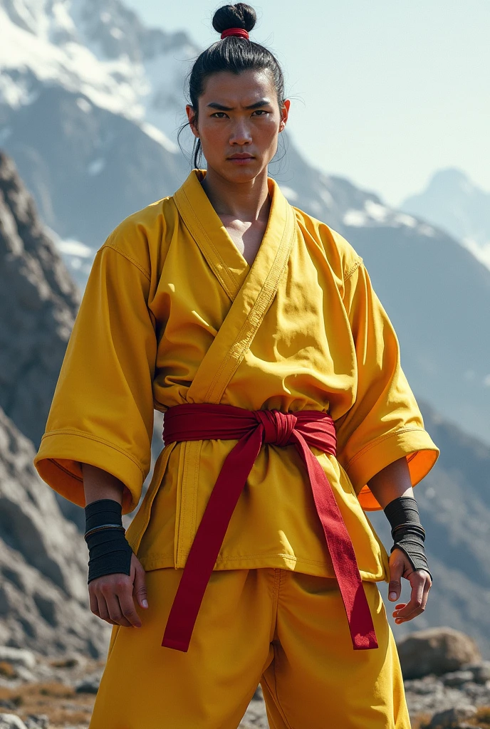 Karafuto Ken. Wearing yellow martial arts gi, with red belt.