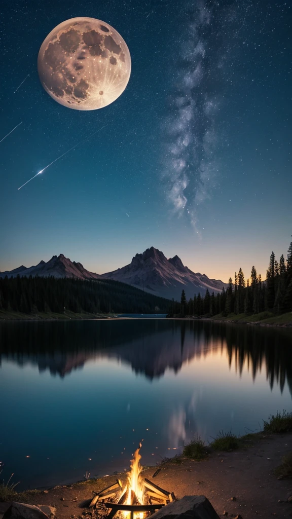 bonfire full moon shooting star lake