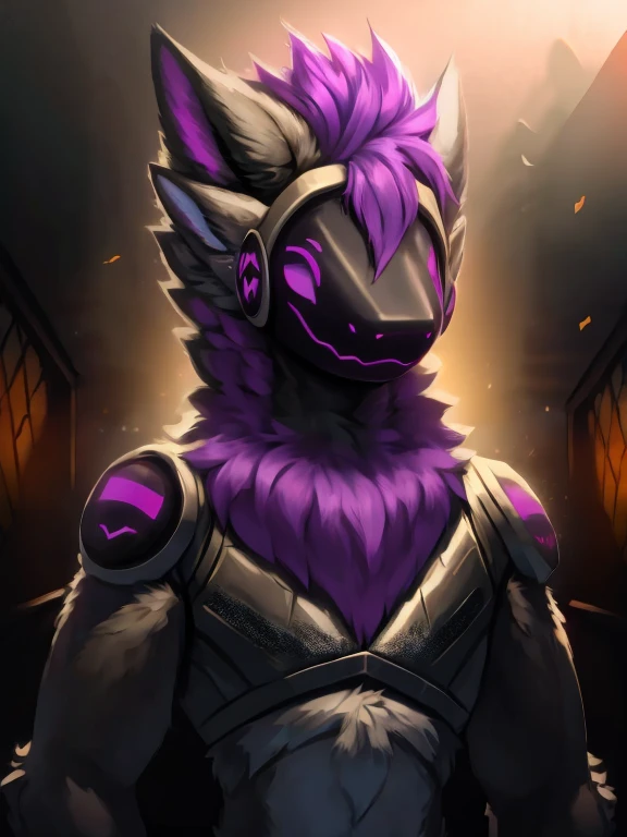 (Front focus), (During the day:1.6), protogen，furry, Furry，photograph realistic, Dynamic lighting, voluminetric lighting, 4 k'',male people, deepshadow, low tune,purple hair，Nero, Yellow, White, and navy color scheme，full bodyesbian，military chest plate，Round screen on the shoulder,purple neon eyes