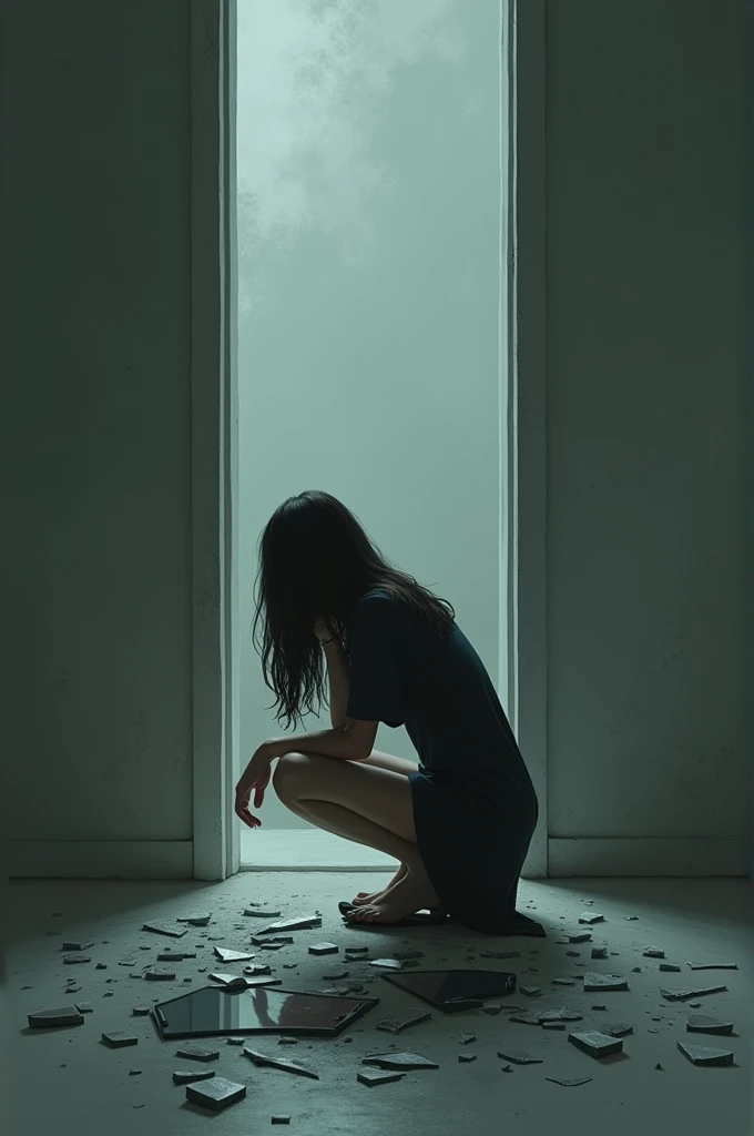 A woman crouched on the floor with a broken mirror in front of her