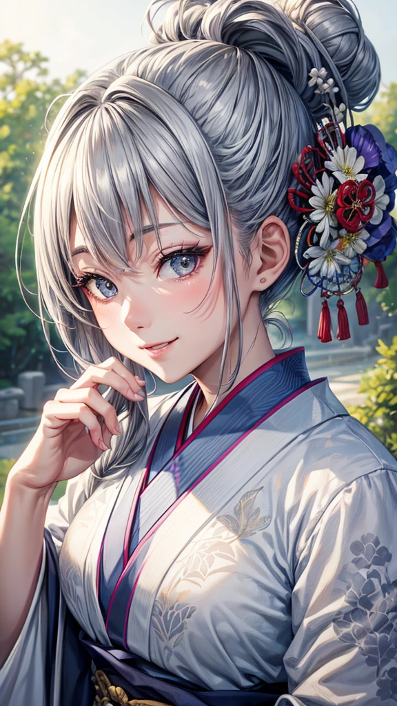 Solo, anime, masterpiece, best quality, high resolution, closeup portrait, a female, bluish gray hair, Solo hair bun, white kimono, Japanese lady, amazing composition, front view, HDR, ultra quality, elegant, highly detailed, beautiful lady, smile, cute elegant