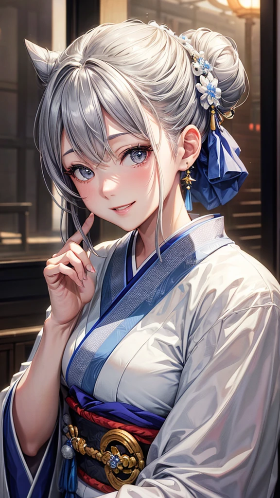 Solo, anime, masterpiece, best quality, high resolution, closeup portrait, a female, bluish gray hair, Solo hair bun, white kimono, Japanese lady, amazing composition, front view, HDR, ultra quality, elegant, highly detailed, beautiful lady, smile, cute elegant 