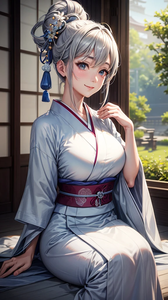 Solo, anime, masterpiece, best quality, high resolution, closeup portrait, a female, bluish gray hair, Solo hair bun, white kimono, Japanese lady, amazing composition, front view, HDR, ultra quality, elegant, highly detailed, beautiful lady, smile, cute elegant 