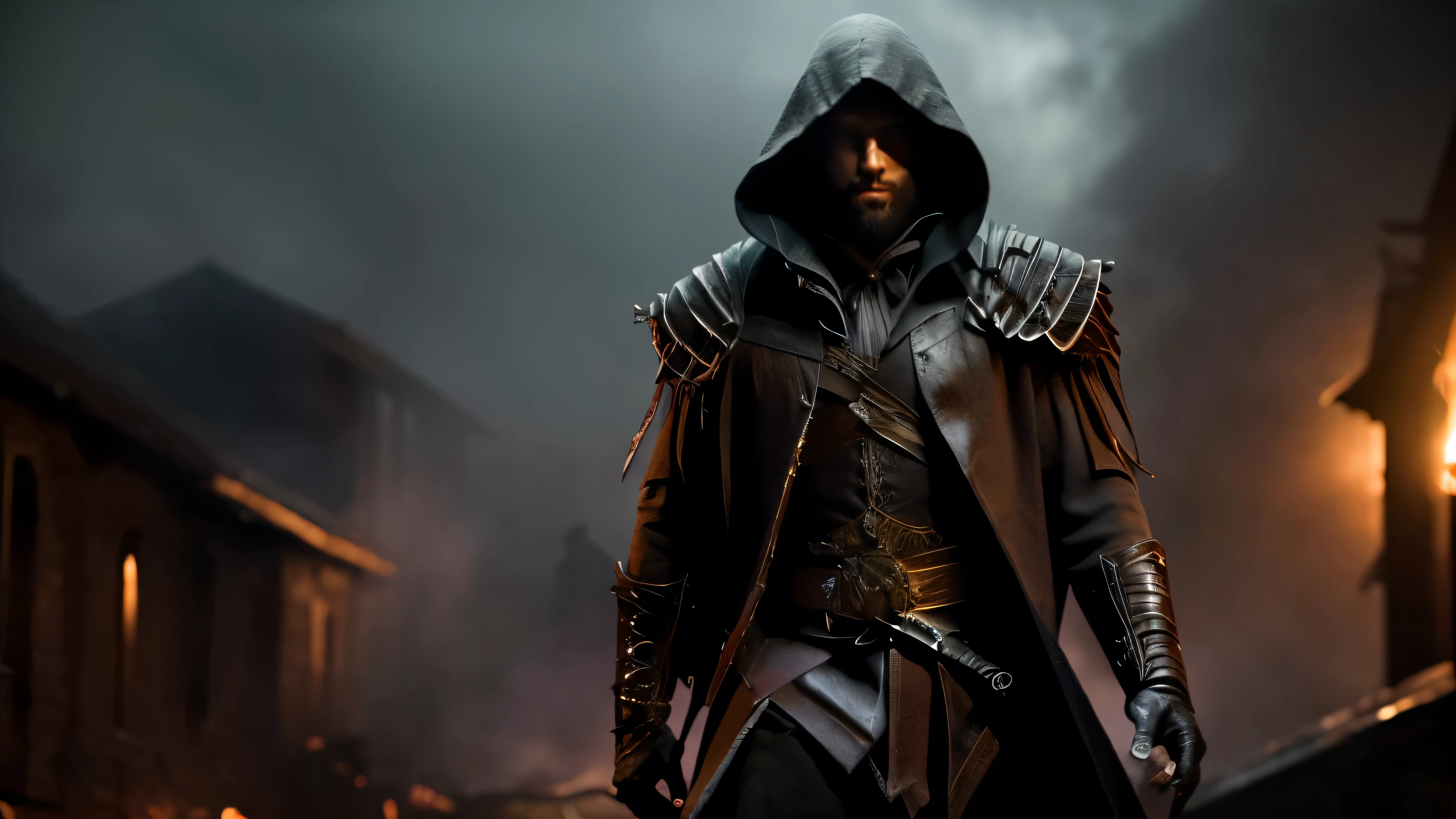 Create a very dark image in a village on fire at nighttime, with only one male character that is a night stalker assassin. The character has a beard and glowing red or white eyes, and wear a hood similar to the hero from the Arrow TV series or a character from Assassin's Creed. His suit harbor a golden crest showing a lion and a wolf fighting together. The overall tone should be mysterious and shadowy, fitting for a character called 'The Twilight Stalker'. 