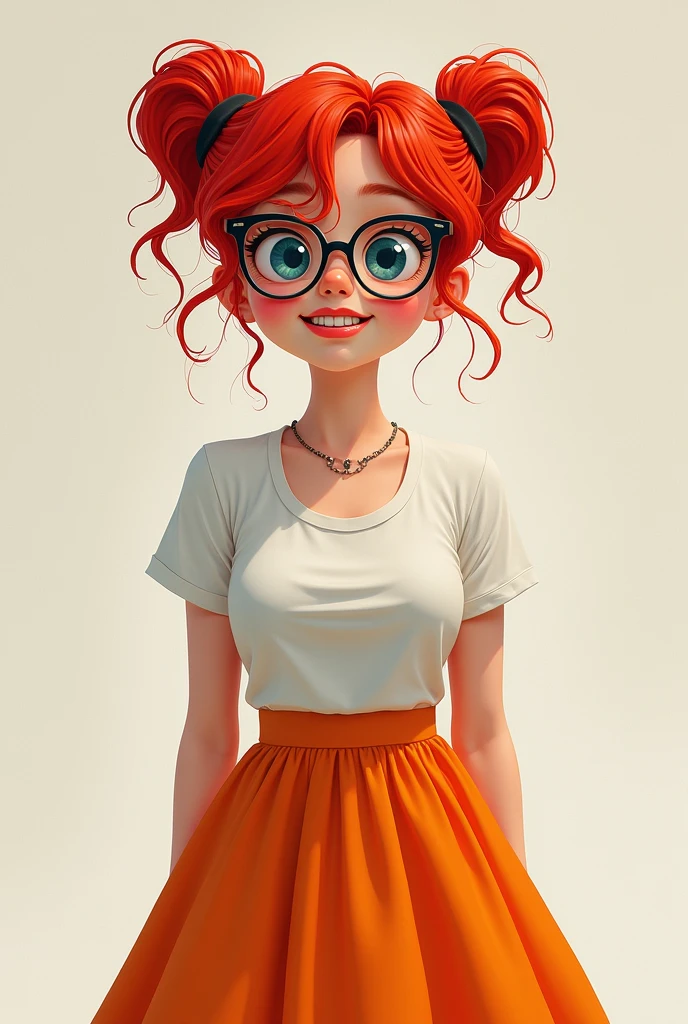 A nerdy girl with 18 years, Red hair, a double ponytail, glasses, blue eyes, big teeth, a small shirt, an orange skirt, and big tits