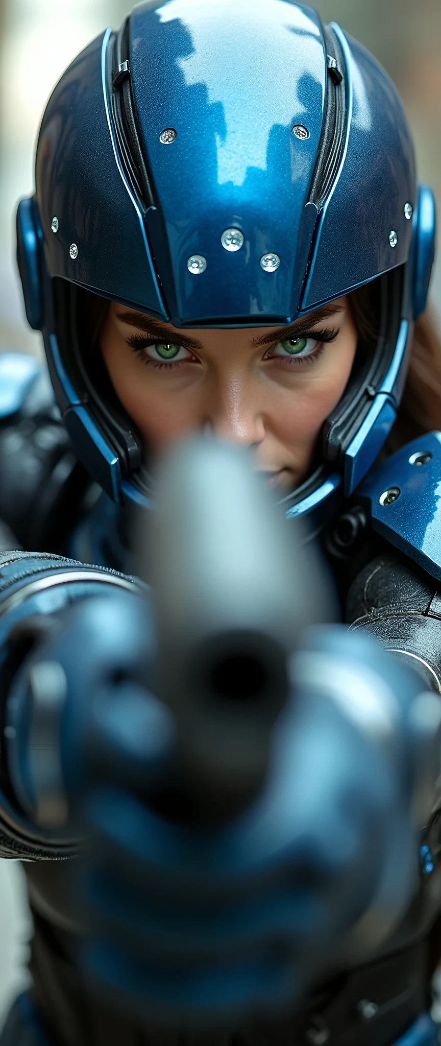 Full body view shot of a powerful warrior-woman gazing directly into the lens, her piercing green eyes seeming to bore into the viewer's soul. Her helmet and Glossy blue titanium metal power armor are adorned with intricate details and LED highlites, while her weapon - a sleek handgun or arm cannon - is poised and ready for action. The blurry background emphasizes the subject's sharp focus, as she aims her gaze and possibly her gun directly at the audience, her full lips subtly parted in a determined expression.