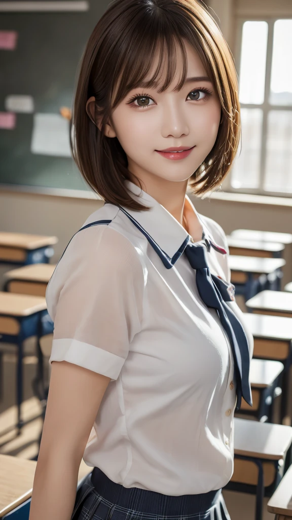 (photorealistic, 32k, RAW photo, best quality: 1.4), (masterpiece:1.3), (absurdres, attractive, ultra high resolution, ultra realistic, highly detailed, golden ratio, ultra detailed, super fucking beautiful detailed face), natural makeup, detailed cloth texture, detailed hair texture, beautiful detailed fullbody, Perfect female body, accurate, Anatomically correct, Highly detailed face and skin texture, (beautiful hands), (realistic skin), (beautiful pale skin:1.1), (cowboy shot:1.3), (Perfect dynamic composition, looking at viewer),
BREAK,
realistic eyes, beautiful detailed eyes, symmetric eyes, Light Brown eyes, Double eyelids, Thin eyebrows, (Glossy lips:1.4), ((A face with waiting for a kiss, Seductive smile:1.2)), (weat skin, blush:1.1),
BREAK,
((short hair, bob, Dark blonde hair, bangs:1.2)), Daytime, ((Standing in classroom:1.3)), (school uniform:1.3)