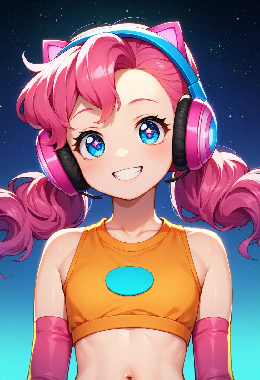 you sleep,pinkies Hair,blue eyes,Twin tails,
orange top,navel,headphones,bare shoulders,Elbow gloves,small blue jetpack,
smile,5,
Stand,upper body,navel,
outer space,platform,
(insanely detailed, beautiful detailed face,Lovely, detailled eyes, masterpiece, best quality),alone,