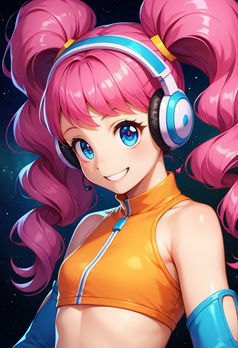 you sleep,pinkies Hair,blue eyes,Twin tails,
orange top,navel,headphones,bare shoulders,Elbow gloves,small blue jetpack,
smile,5,
Stand,upper body,navel,
outer space,platform,
(insanely detailed, beautiful detailed face,Lovely, detailled eyes, ​masterpiece, best quality),alone,