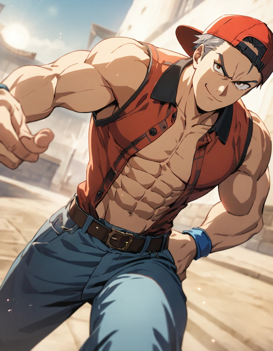 BREAK score_9, score_8_up, score_7_up, source_anime, rating_safe, score_6_up, score_5_up, score_4_up, BREAK 1man, naughty heroic guy in fighting game, middle muscular, very short hair, solid chinpira, tough yarichin, blond, brown eyes, crewcut, BREAK sharp eyes, masculine caucasian, abs, >:>, smug, thick abs, cool emotion, BREAK backwards hat, open shirt, cropped shirt, red collared shirt, sleeveless shirt, brown plaid shirt, blue baseball cap, jeans, red wristbands, beckoning, BREAK solo, upperlegs, dynamic expression, game keyvisual, 1990s, in capcom art style, in nitroplus style, BREAK depth of field, dutch angle, cinematic shadows, cinematic lighting, lens flare, light leaks, texture, absurdres absolutely resolution, extreme all detailed, greatest painting, BREAK masterpiece, best quality