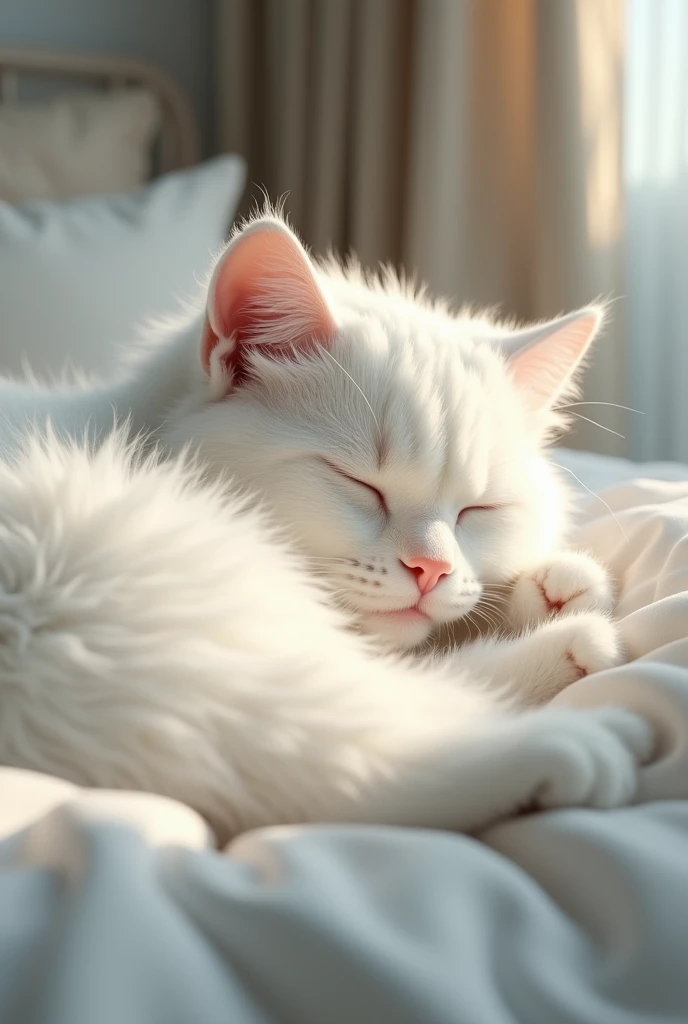 Butiful white cat sleep on my bed image luck like real