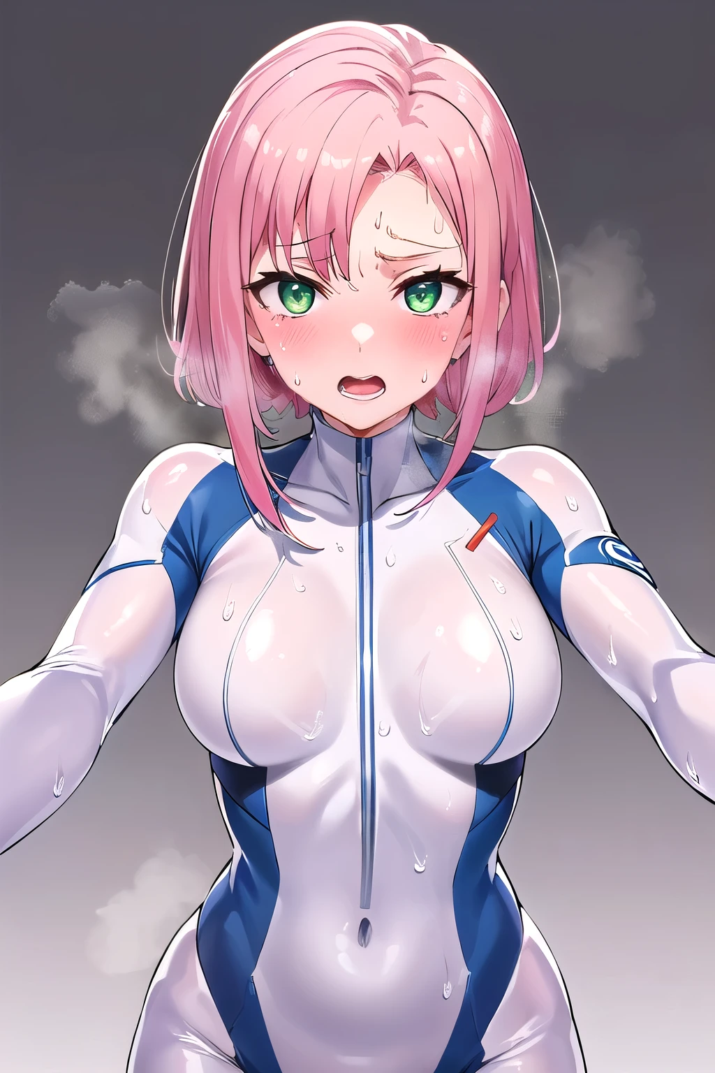 1girl,Samus aran,solo,green eyes, pink hair, forehead   hair, white zero suit,white body suit,purple stripes,cowboy shot,blush,,Science fiction,ultra-detailed,sharp focus,aesthetic,(best quality), white background, BRAKE (sweat:1.5), (steam:1.2),    (looking at viewer:1.3), (open mouth:1.2), (ahegao:1.2), Brainwashing, obedience, loyalty