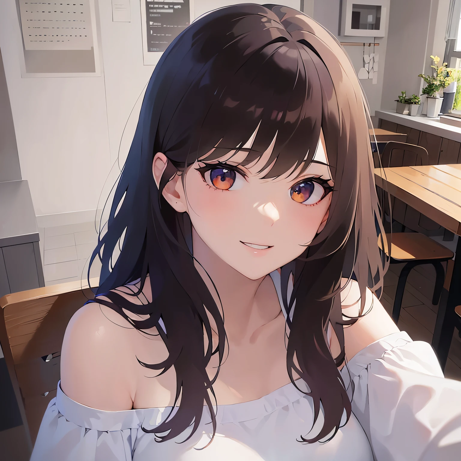 （looking at viewer:1.5）Upper Body, Shooting from above、
Realistic, real person, (pale skin: 1.2), RAW photo, photorealistic, shiny skin, shiny hair、(A 25-year-old woman with medium-length hair and bangs) and (wavy hair) and (brown hair) and (orange eyes) ,
(white) and (off shoulder blouse)
Cleavage、(smile:1.2),(alone:1.5),The background is the interior of a cafe