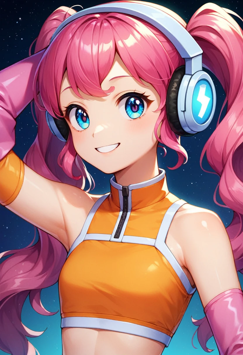 you sleep,pinkies Hair,blue eyes,Twin tails,
orange top,navel,headphones,bare shoulders,Elbow gloves,small blue jetpack,
smile,5,
Stand,upper body,navel,
outer space,platform,
(insanely detailed, beautiful detailed face,Lovely, detailled eyes, masterpiece, best quality),alone,