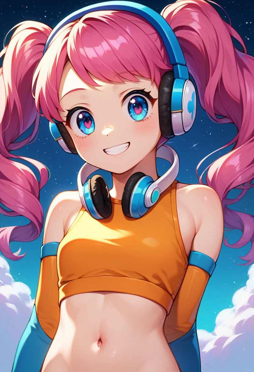 you sleep,pinkies Hair,blue eyes,Twin tails,
orange top,navel,headphones, shoulders,Elbow gloves,small blue jetpack,
smile,5,
Stand,upper body,navel,
outer space,platform,
(insanely detailed, beautiful detailed face,Lovely, detailled eyes, ​masterpiece, best quality),alone,