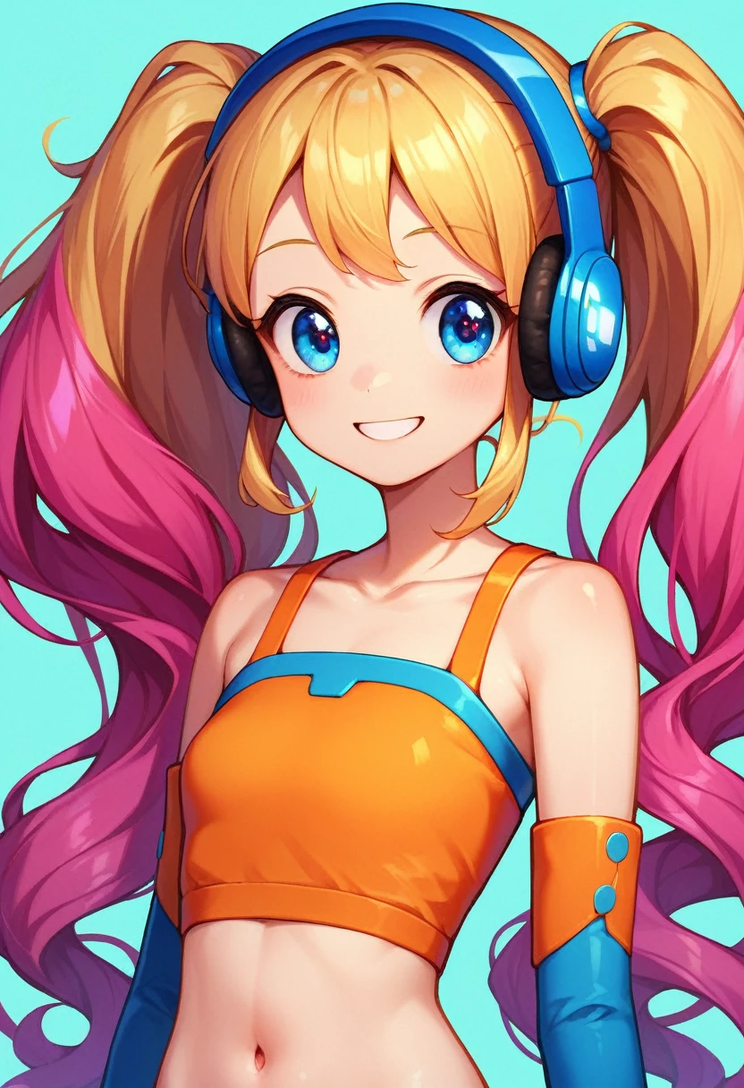 you sleep,pinkies Hair,blue eyes,Twin tails,
orange top,navel,headphones, shoulders,Elbow gloves,small blue jetpack,
smile,5,
Stand,upper body,navel,
outer space,platform,
(insanely detailed, beautiful detailed face,Lovely, detailled eyes, ​masterpiece, best quality),alone,