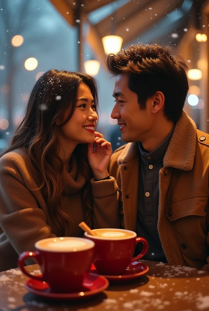 Tanned japanese handsome man and a beautiful tanned japanese woman, both wearing warm winter outfit in soft colors, the woman;s hair is long wavy loose, highlighted brown. they sit in sidewalk cafe in paris, in the window there is streetlight in paris sidewalk, snows fall from sky at night. The two large foamy cappuccino with cinnamon in red mugs are on the table, and the man's hand gently strokes the woman's hair while looking into the woman's eyes, and the woman's hand gently strokes the man's cheek while smiling softly. focus on couples. bokeh, full body shot, ultimate photorealistic.