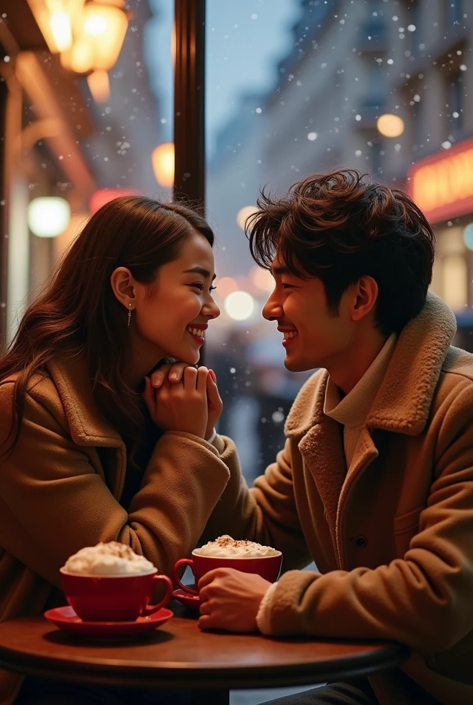 Tanned japanese handsome man and a beautiful tanned japanese woman, both wearing warm winter outfit in soft colors, the woman;s hair is long wavy loose, highlighted brown. they sit in sidewalk cafe in paris, in the window there is streetlight in paris sidewalk, snows fall from sky at night. The two large foamy cappuccino with cinnamon in red mugs are on the table, and the man's hand gently strokes the woman's hair while looking into the woman's eyes, and the woman's hand gently strokes the man's cheek while smiling softly. focus on couples. bokeh, full body shot, ultimate photorealistic.