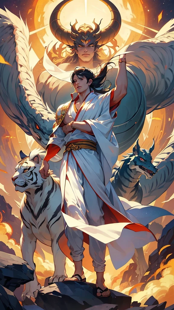 best quality,masterpiece,Ultra-high resolution,photoactual:4:0,Yamagishi,white dragon tiger beast,Teacher spirit,Handsome and handsome,oriental man,long hair shawl,Perfect body,Wearing dragon and tiger jersey,