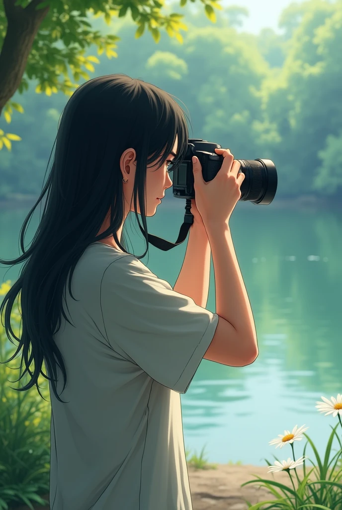 I want a photo where there is one guy of 19 years holfing camera in his hand and clicking photos where the guy have long hair not much too big but long more long hair than it and clicking photo at the peace and beautiful scene and make sure don't click front side of that guy click from the side or back which will be good and black colour hair asian guy short hair than it and man is wearing half pant and tshirt just little bit more short hair and click from more side and dont show that face too much just a little bit little bit more long hair its look like lady make man its also look like lady make a man and i am saying don't show face too much